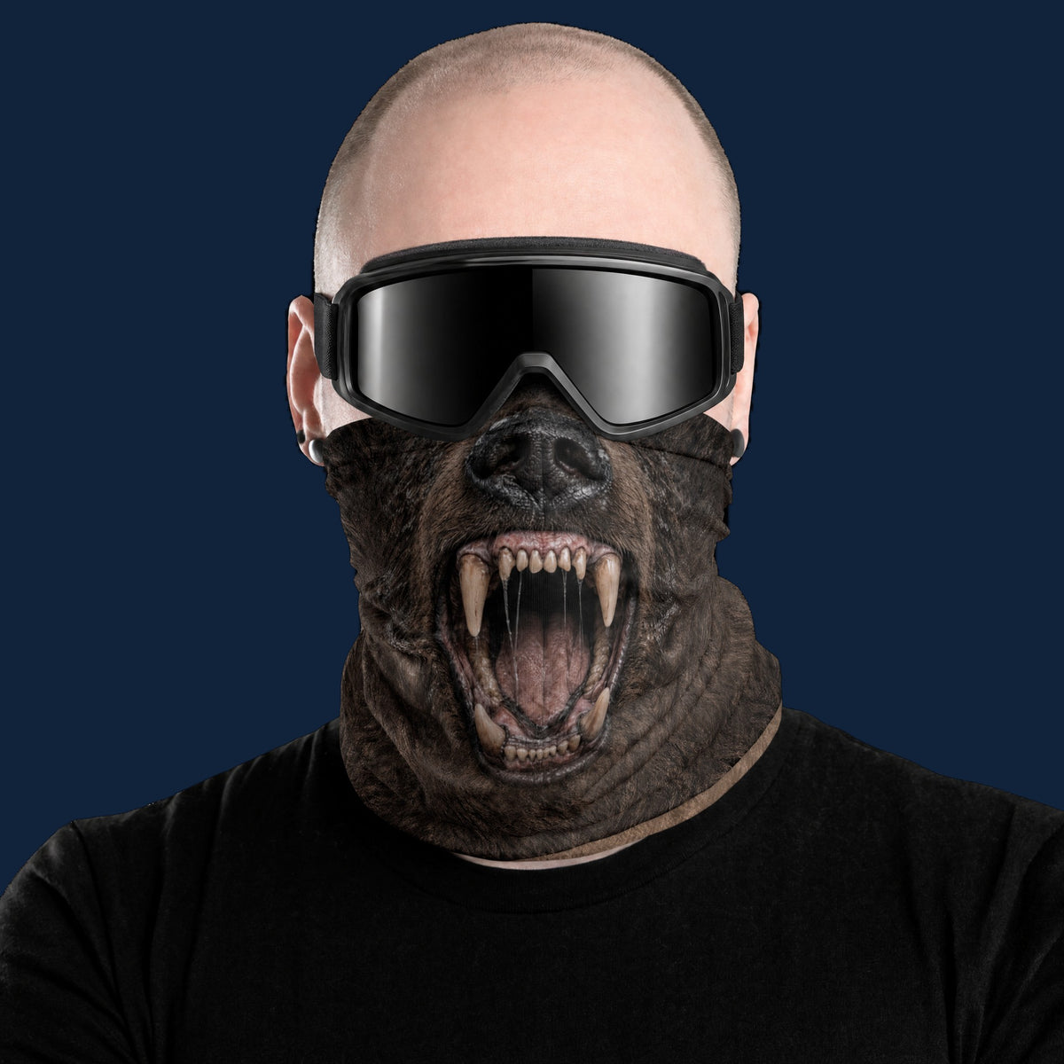 Snow Jaws Grizzly neck gaiter, worn with goggles