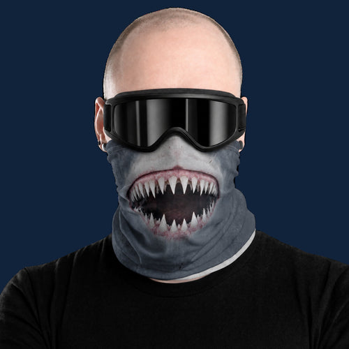 Snow Jaws Shark neck gaiter, worn with goggles
