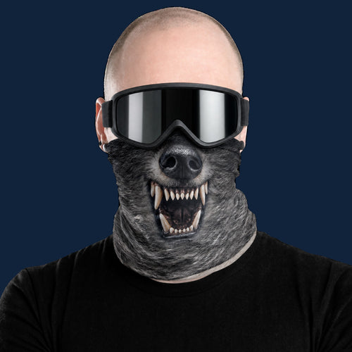 Snow Jaws Wolf neck gaiter, worn with goggles